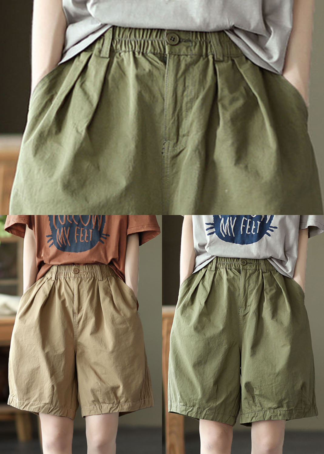 Army Green Pocket Cotton Overall Shorts