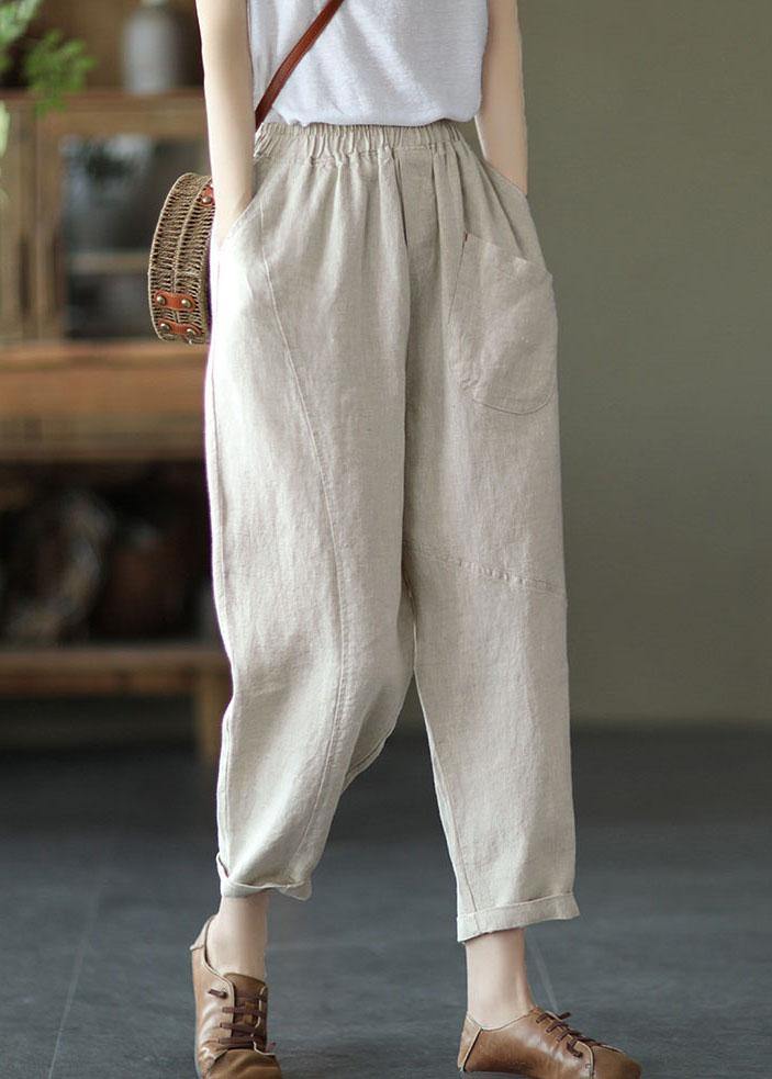 Französisch Beige elastische Taille Harem Sommerhose Leinen