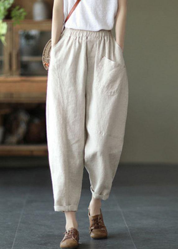 Französisch Beige elastische Taille Harem Sommerhose Leinen