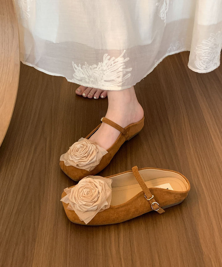 Brown Suede Floral Slide Sandals