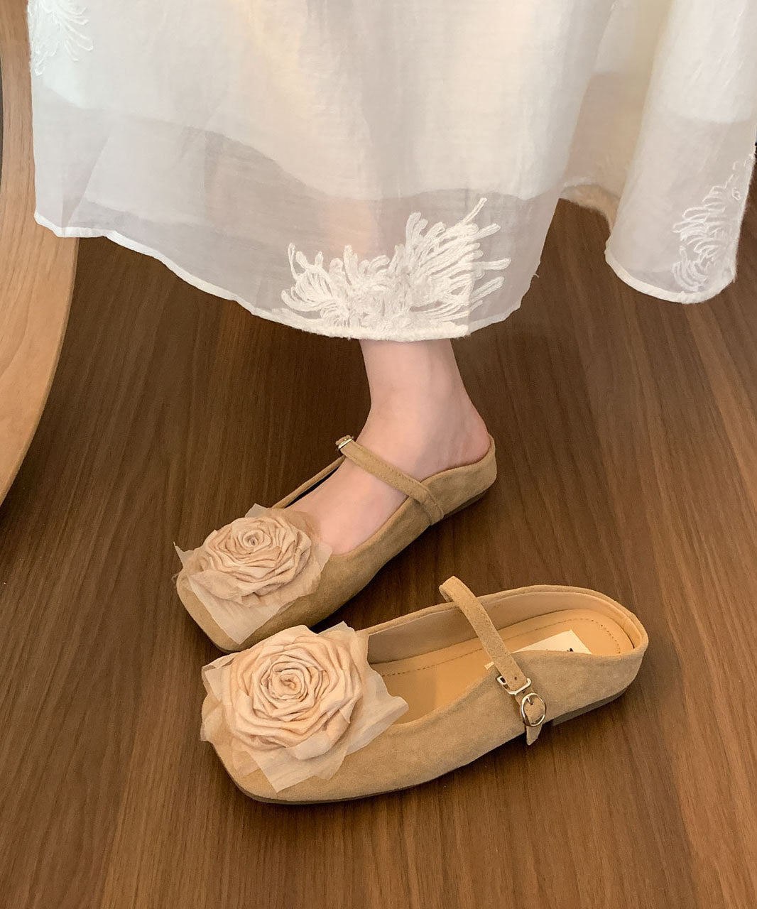 Brown Suede Floral Slide Sandals
