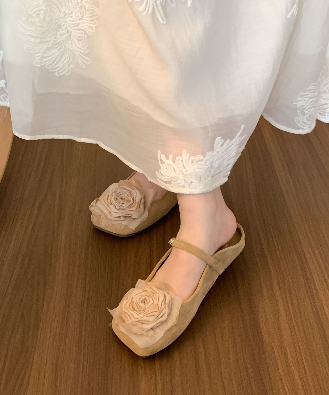 Brown Suede Floral Slide Sandals