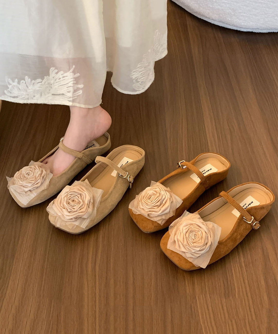 Brown Suede Floral Slide Sandals