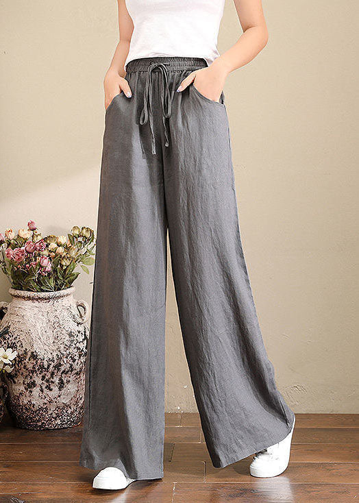 Grey Elastic Waist Wide-Leg Linen Pants