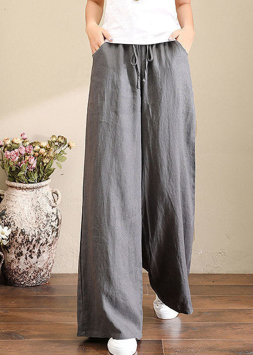 Grey Elastic Waist Wide-Leg Linen Pants
