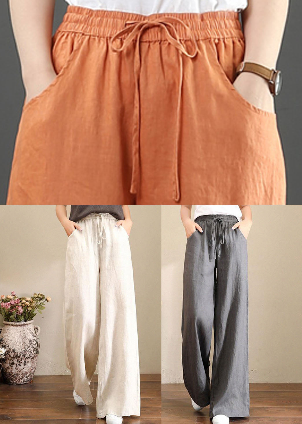 Grey Elastic Waist Wide-Leg Linen Pants
