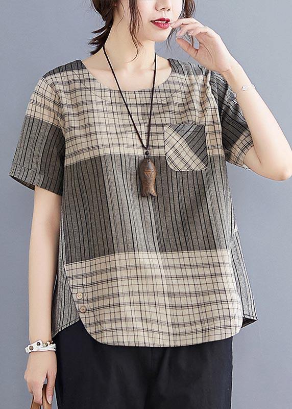 French Grey Plaid Asymmetrical Design Cotton-Linen Blouse Top Summer