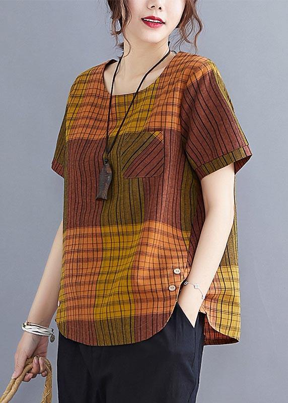 French Grey Plaid Asymmetrical Design Cotton-Linen Blouse Top Summer