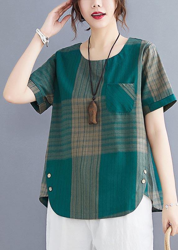 French Grey Plaid Asymmetrical Design Cotton-Linen Blouse Top Summer