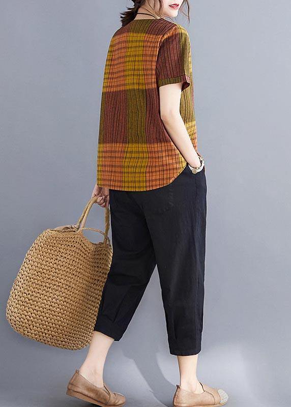 French Grey Plaid Asymmetrical Design Cotton-Linen Blouse Top Summer