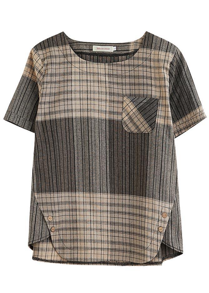 French Grey Plaid Asymmetrical Design Cotton-Linen Blouse Top Summer