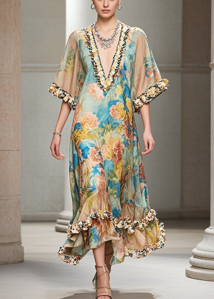 Khaki Ruffled Print Chiffon Dress