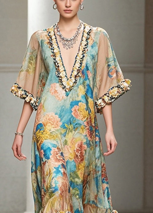 Khaki Ruffled Print Chiffon Dress
