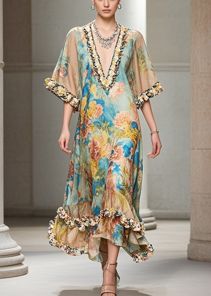Khaki Ruffled Print Chiffon Dress