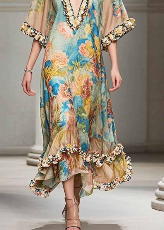 Khaki Ruffled Print Chiffon Dress