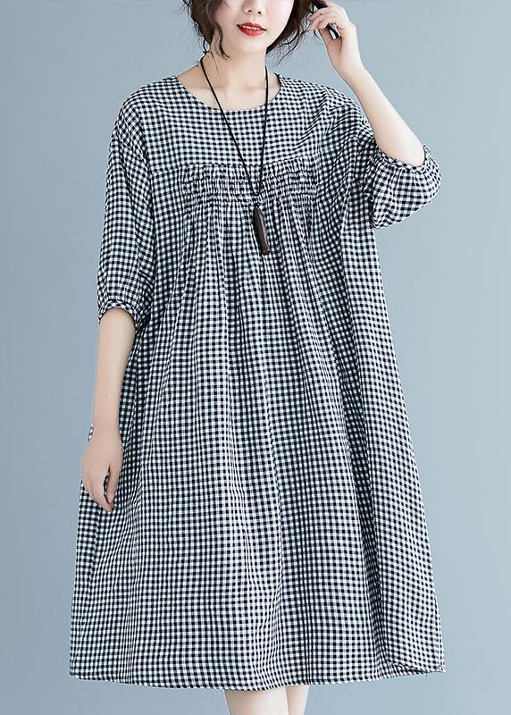 Black Checkered Lantern Sleeve Dress