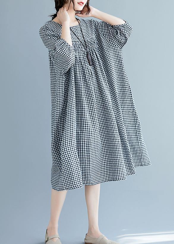 Black Checkered Lantern Sleeve Dress