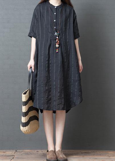 Black Striped Cotton Linen Tunic Dress