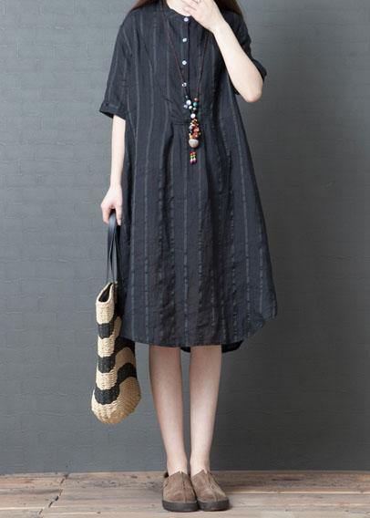 Black Striped Cotton Linen Tunic Dress