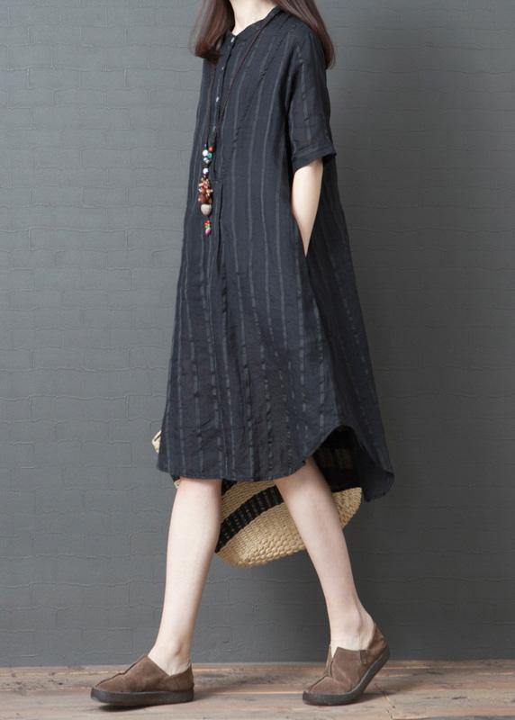 Black Striped Cotton Linen Tunic Dress
