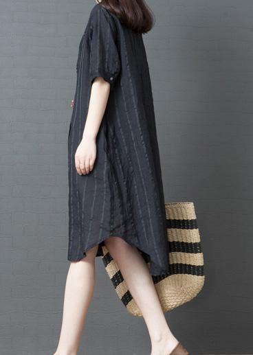 Black Striped Cotton Linen Tunic Dress