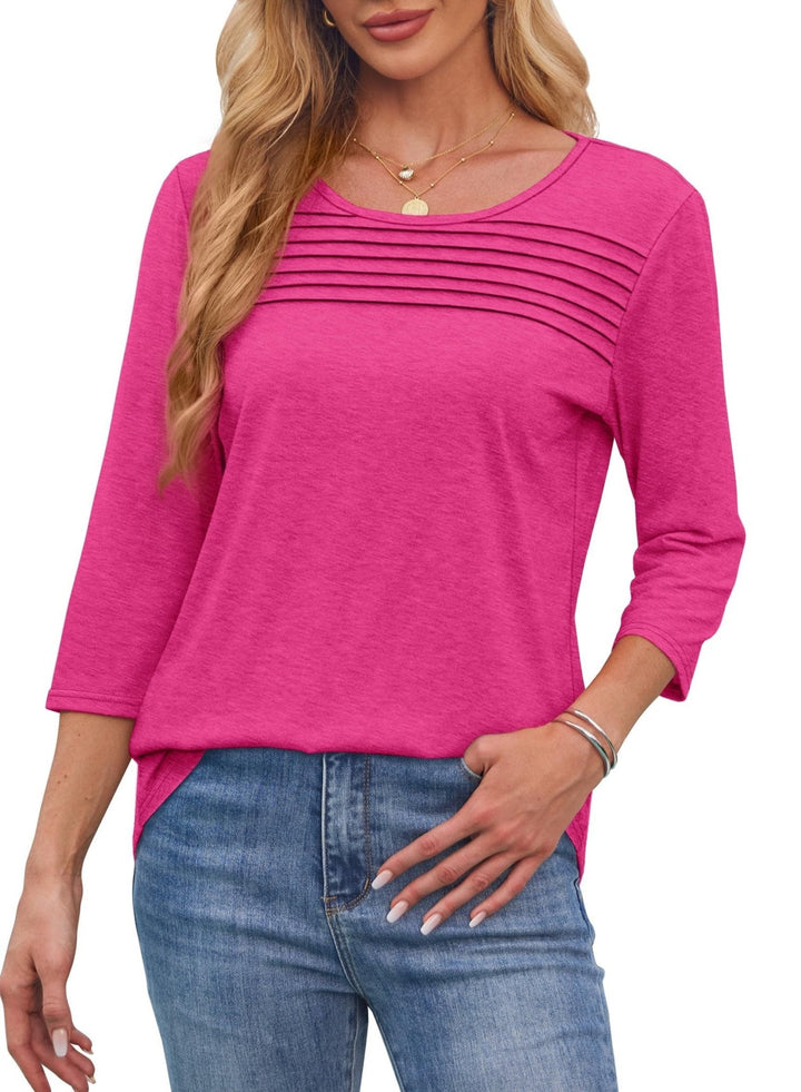 Lena | Women's Crew Neck 3/4 Sleeve Pleated Chest Top