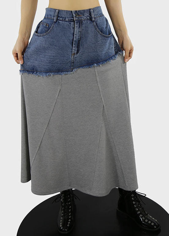 Grey A-Line Denim Patchwork Button Skirts Spring