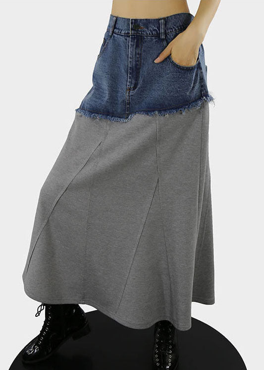 Grey Patchwork Button A-Line Denim Skirt