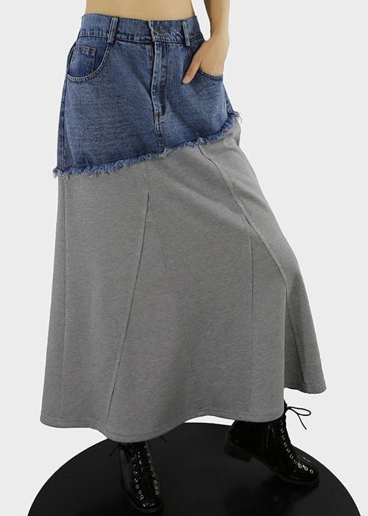 Grey Patchwork Button A-Line Denim Skirt