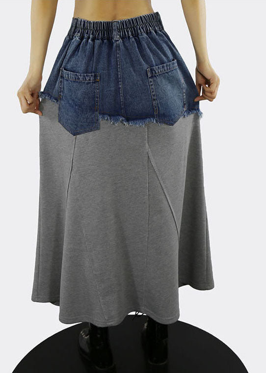 Grey Patchwork Button A-Line Denim Skirt