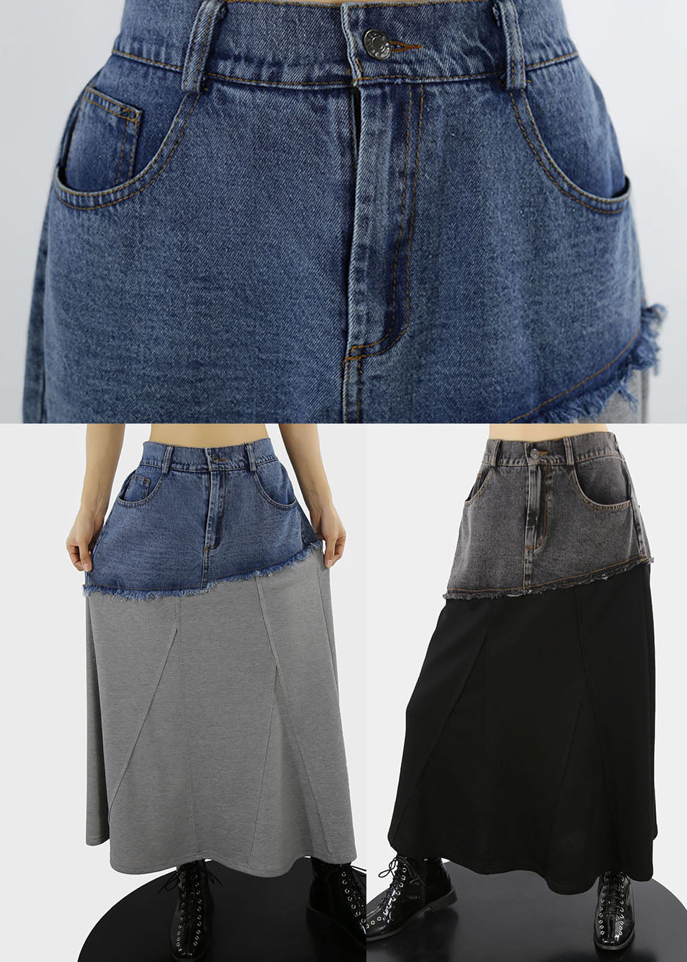 Grey Patchwork Button A-Line Denim Skirt