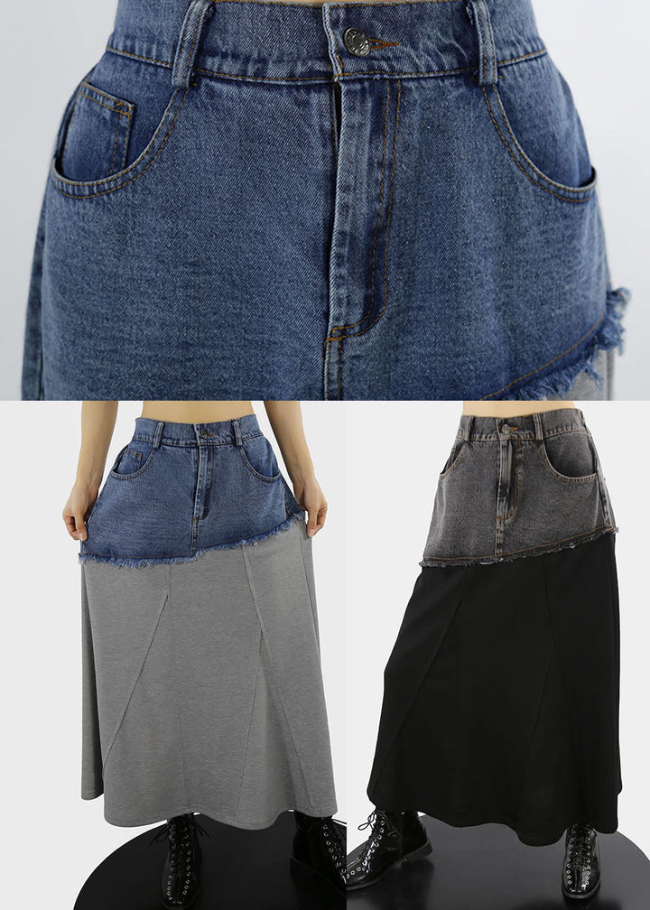 Grey Patchwork Button A-Line Denim Skirt