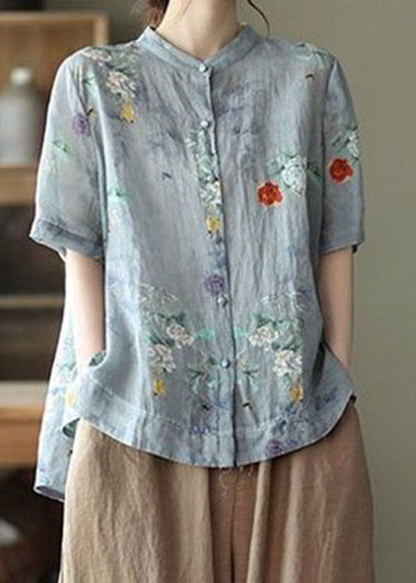 Grey Purple Printed Low-High Cotton Shirt