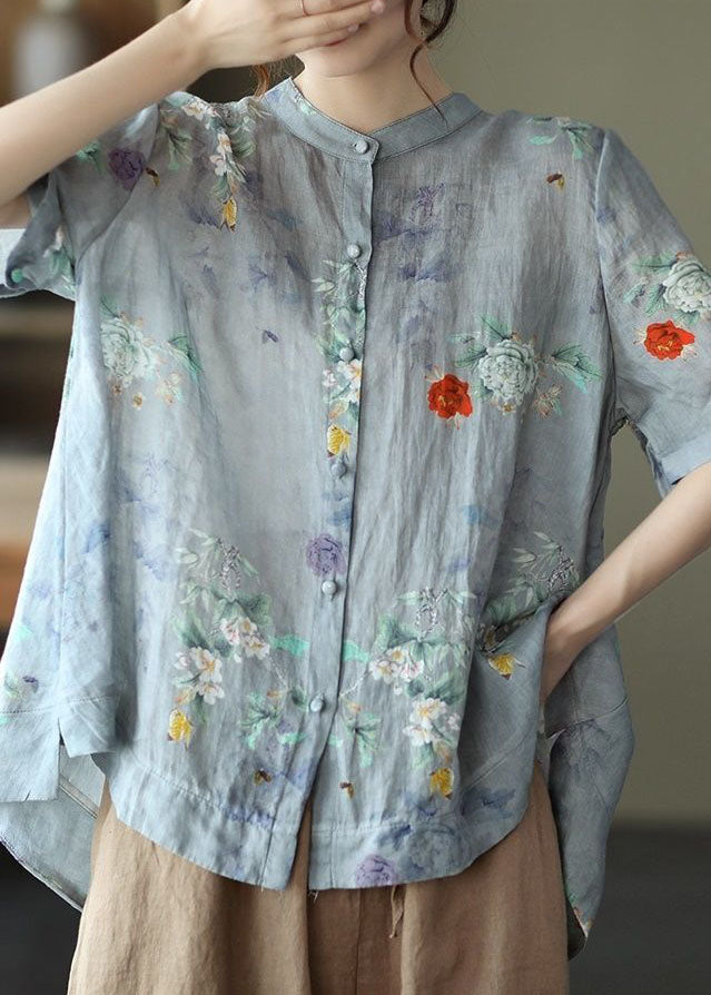 Grey Purple Printed Low-High Cotton Shirt