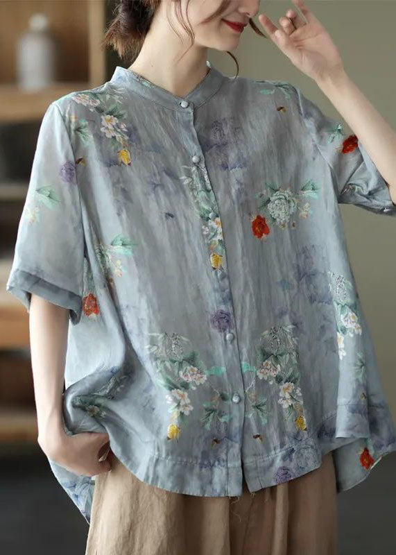 Grey Purple Printed Low-High Cotton Shirt