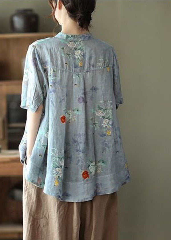 Grey Purple Printed Low-High Cotton Shirt