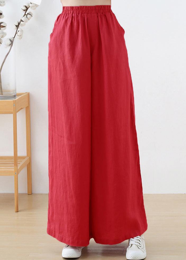 Handgemachte beige elastische Taillen-Leinenhose mit weitem Bein