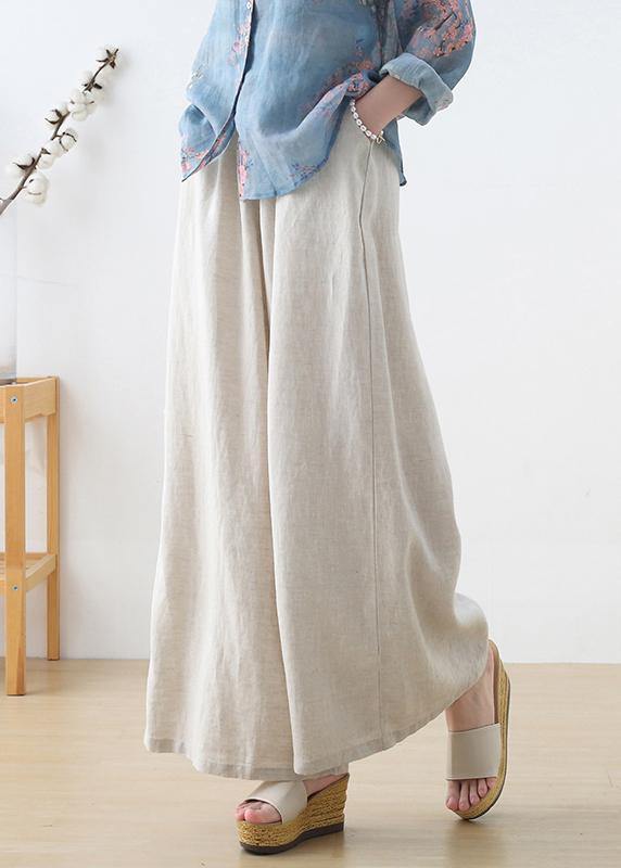 Handgemachte beige elastische Taillen-Leinenhose mit weitem Bein