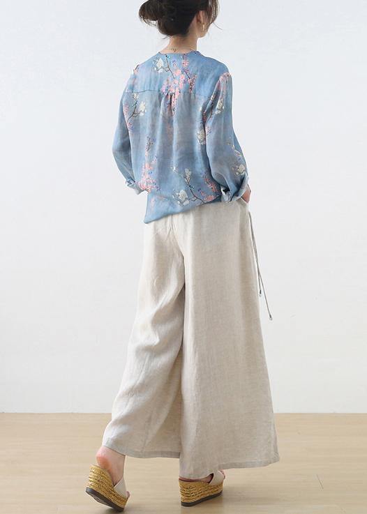 Handgemachte beige elastische Taillen-Leinenhose mit weitem Bein
