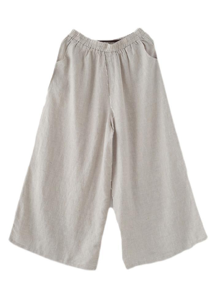 Handgemachte beige elastische Taillen-Leinenhose mit weitem Bein