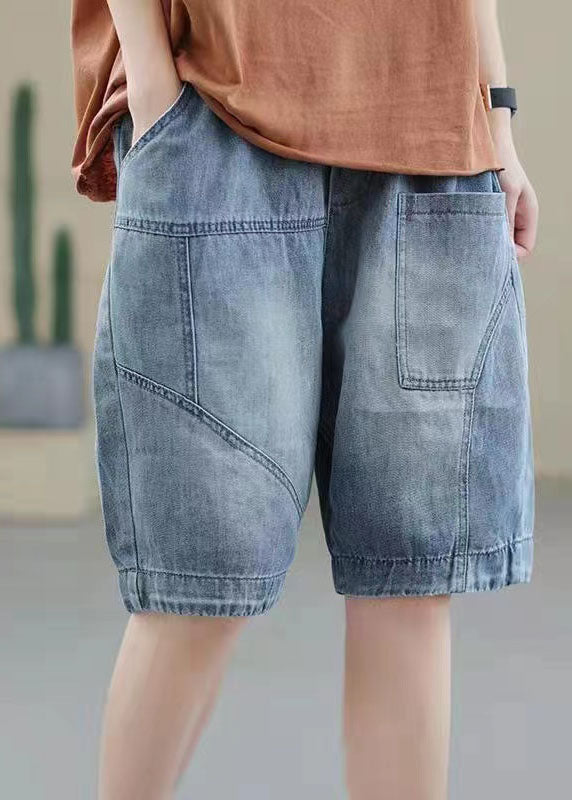 Light Blue Patchwork Denim Cotton Shorts