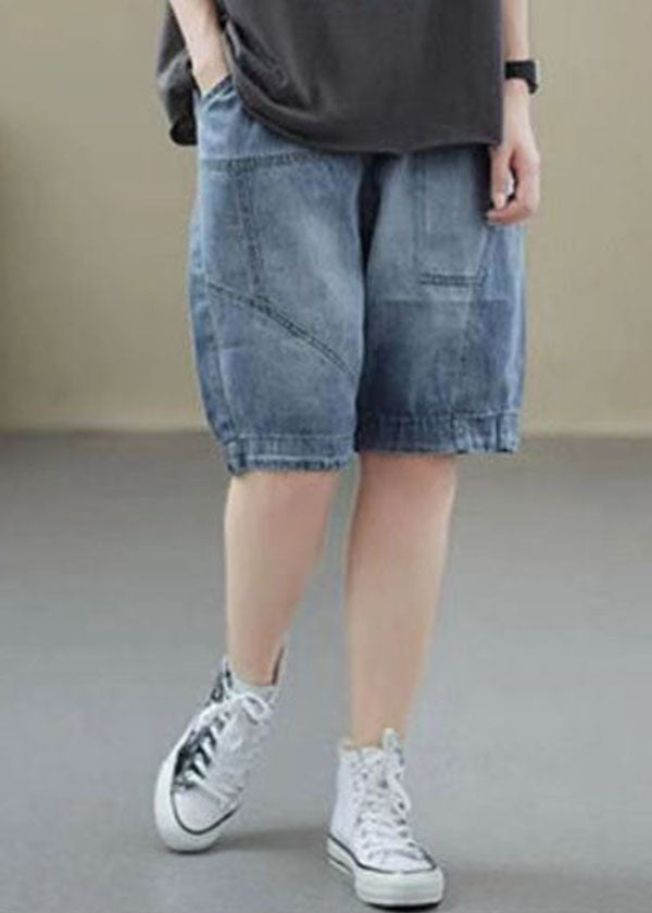 Light Blue Patchwork Denim Cotton Shorts