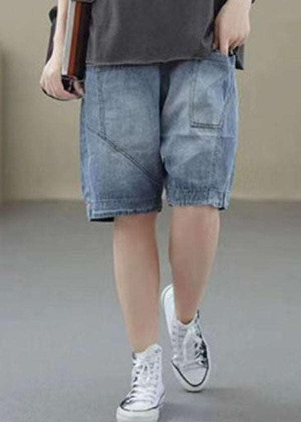Light Blue Patchwork Denim Cotton Shorts