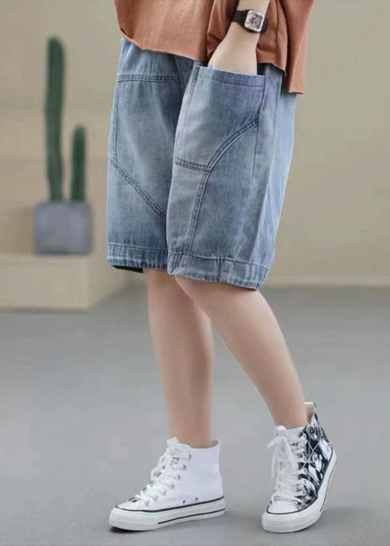 Light Blue Patchwork Denim Cotton Shorts