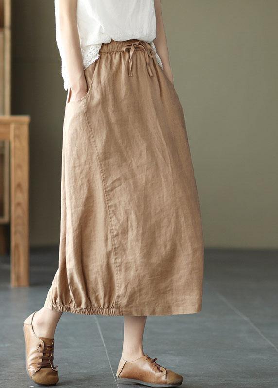 Handgemachte Khaki Krawatte Taille Patchwork Sommer A-Linie Rock Leinen