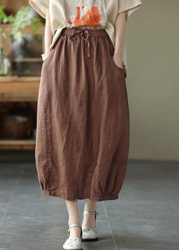 Handgemachte Khaki Krawatte Taille Patchwork Sommer A-Linie Rock Leinen