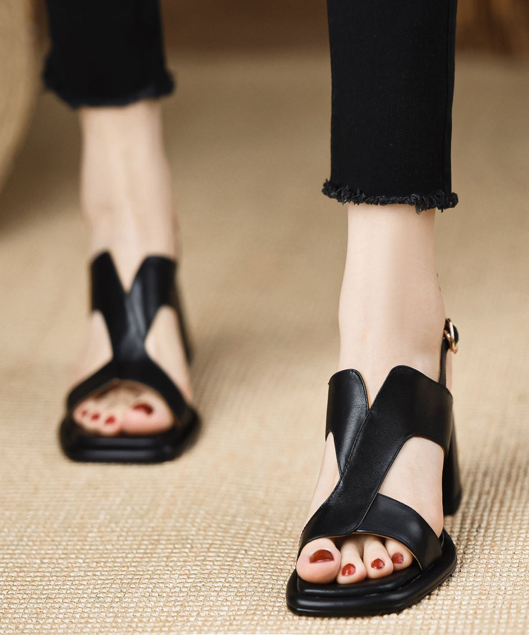 Black Faux Leather Chunky Buckle Sandals