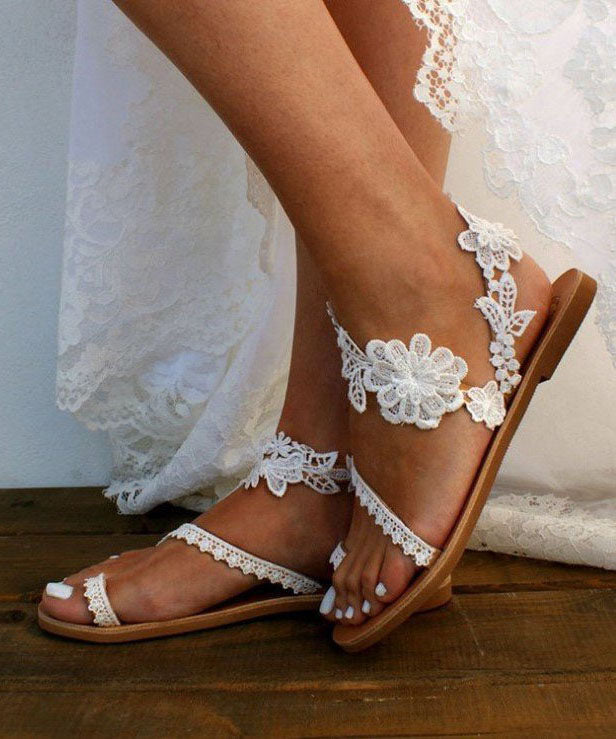 Handmade White Lace Fabric Wander Sandals Cross Strap Flats Sandals