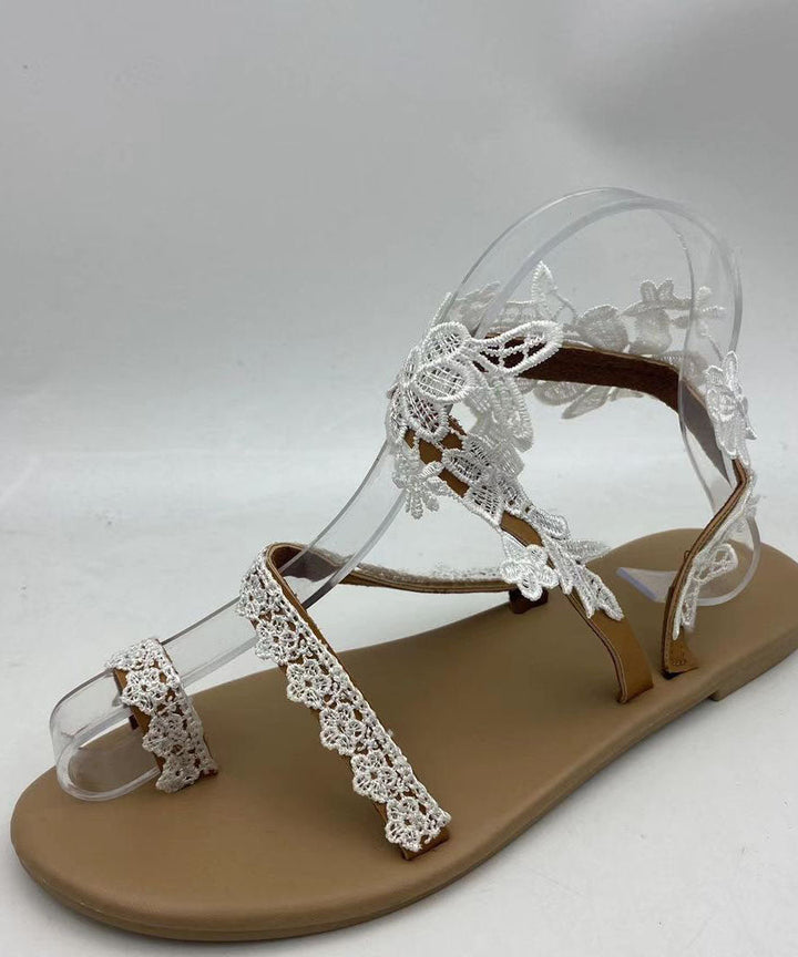 Handmade White Lace Fabric Wander Sandals Cross Strap Flats Sandals