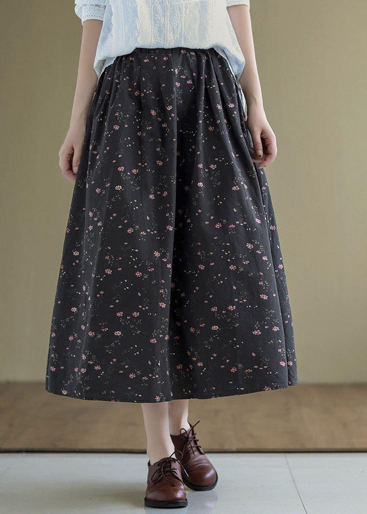 Black Retro Print Linen Summer Skirt